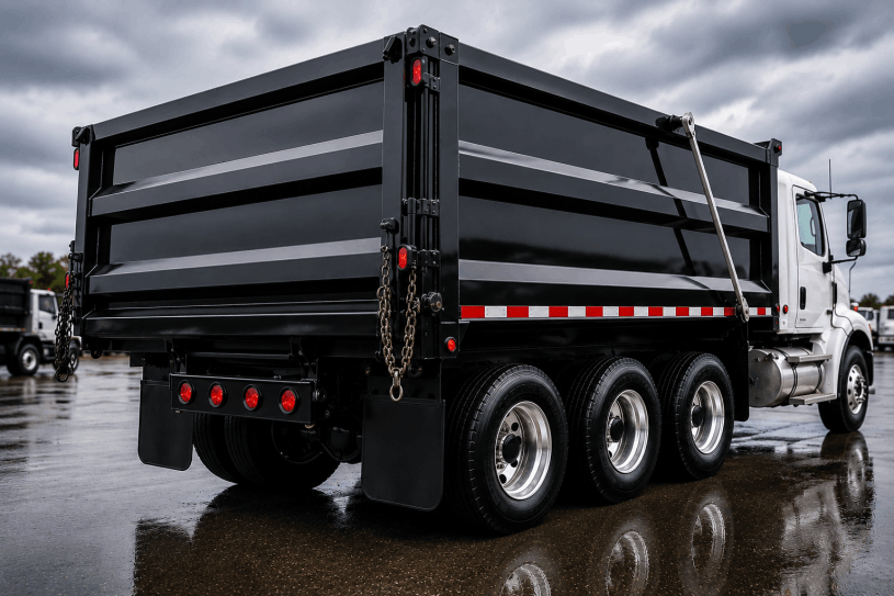 Professional asphalt removal restoration service on commercial dump truck with black dump bed, white cab, and controlled surface cleaning process by Jemco Solutions Group.
