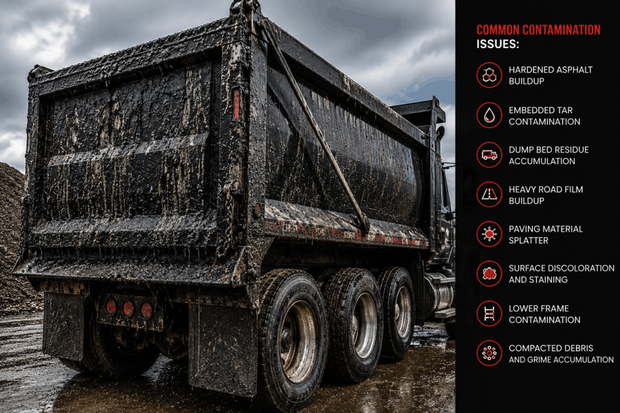 Professional asphalt removal service for dump trucks and commercial paving equipment with heavy tar, road film, and asphalt contamination buildup.