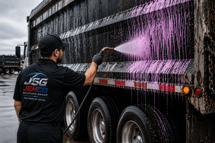 Professional Pave Pro asphalt removal treatment being applied to a commercial dump truck to break down heavy tar, asphalt buildup, and road contamination without damaging painted metal surfaces.
