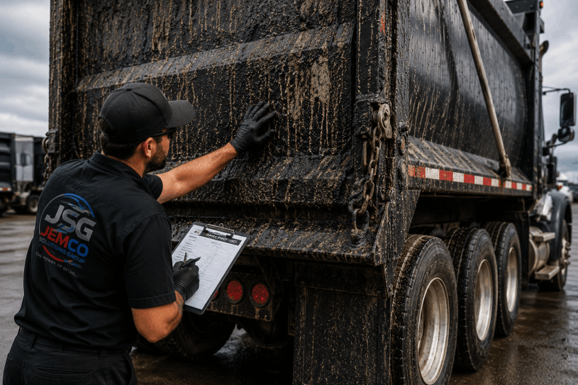 Pave Pro asphalt removal surface evaluation on contaminated dump truck with hardened tar buildup, road film contamination, and commercial paving residue inspection.